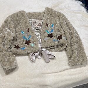 Kenzie Beige Faux Fur Kids Jacket with Embroidery